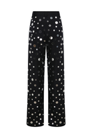 Sudi Etuz mirror-covered straight cut pants with reflective embellishments and sleek design, showcasing front view.