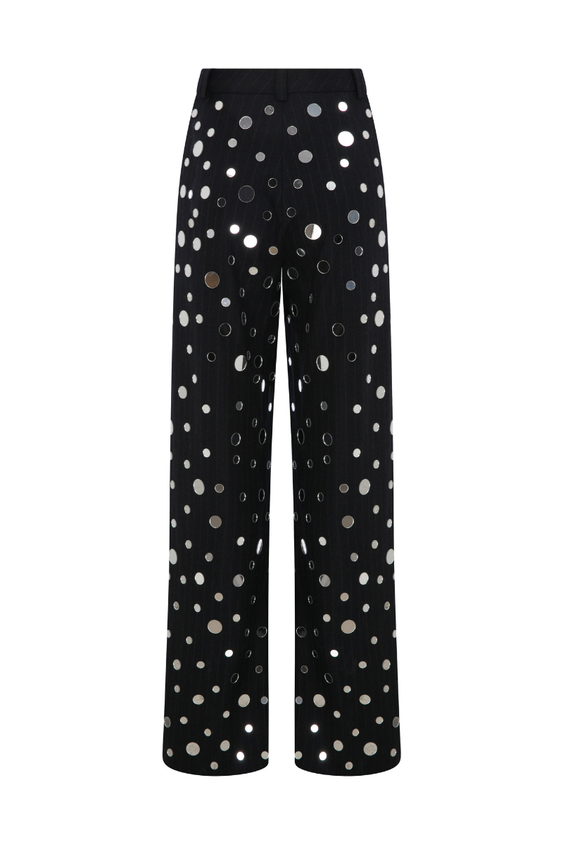 Sudi Etuz mirror-covered straight cut pants with reflective embellishments and sleek design, showcasing front view.