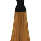 L'SCARLETT off-shoulder fringe jacquard and chiffon flared gown displayed on a model with flowing fabric and elegant design.