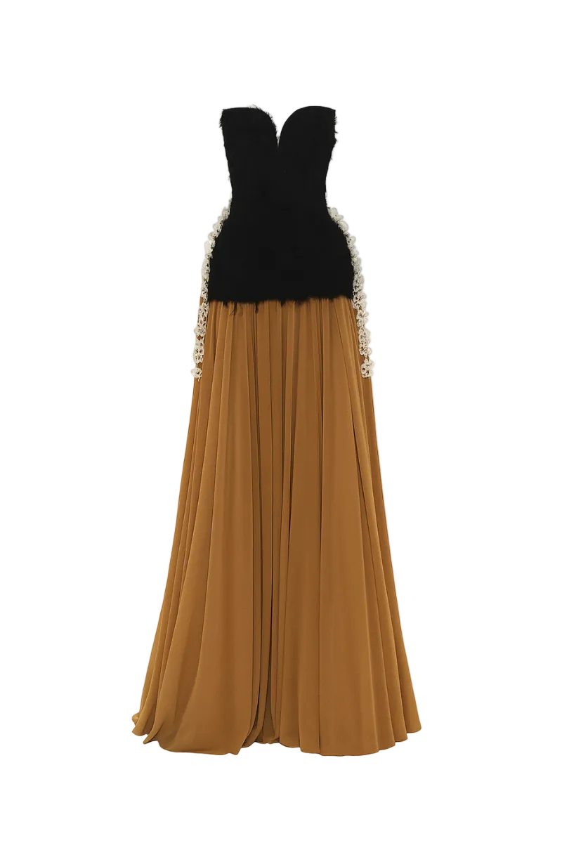 OFF-SHOULDER FRINGE JACQUARD AND CHIFFON FLARED MAXI DRESS