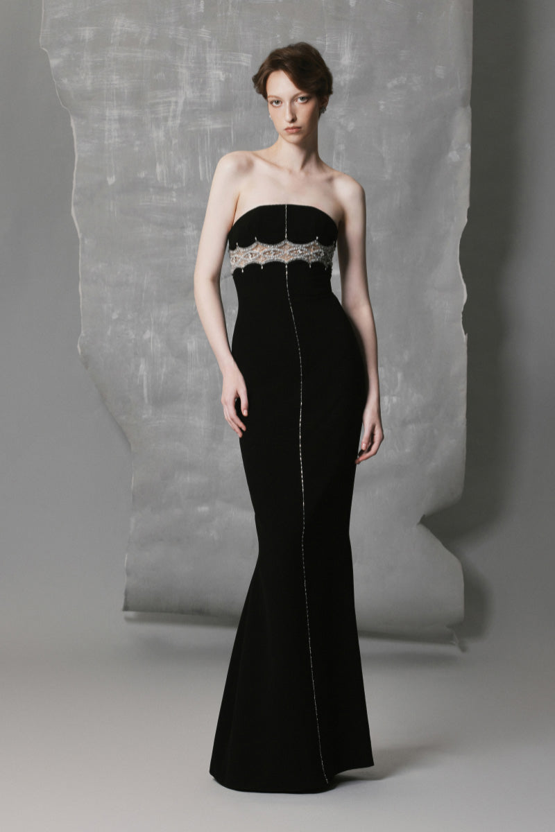 BLACK STRAIGHT LONG DRESS WITH INTRICATE BEADS | CULT MIA