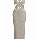 Keira Tong gold checkerboard cut-out midi dress with stylish design, featuring a fitted silhouette and unique pattern.