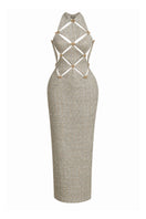 Keira Tong gold checkerboard cut-out midi dress with stylish design, featuring a fitted silhouette and unique pattern.