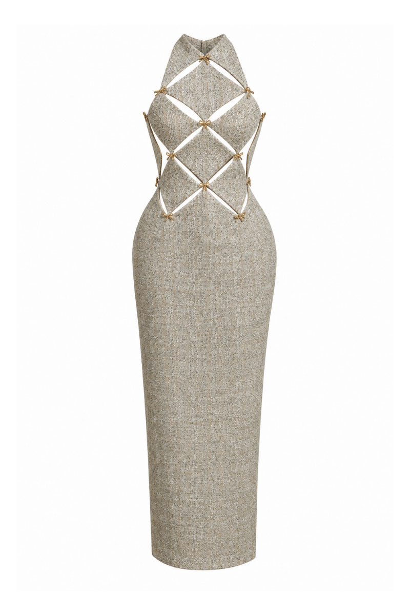 Keira Tong gold checkerboard cut-out midi dress with stylish design, featuring a fitted silhouette and unique pattern.