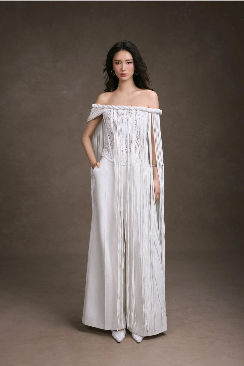 KEIRA TONG fringe lace corset top featuring intricate lace details and a stylish fit, perfect for fashionable tops.