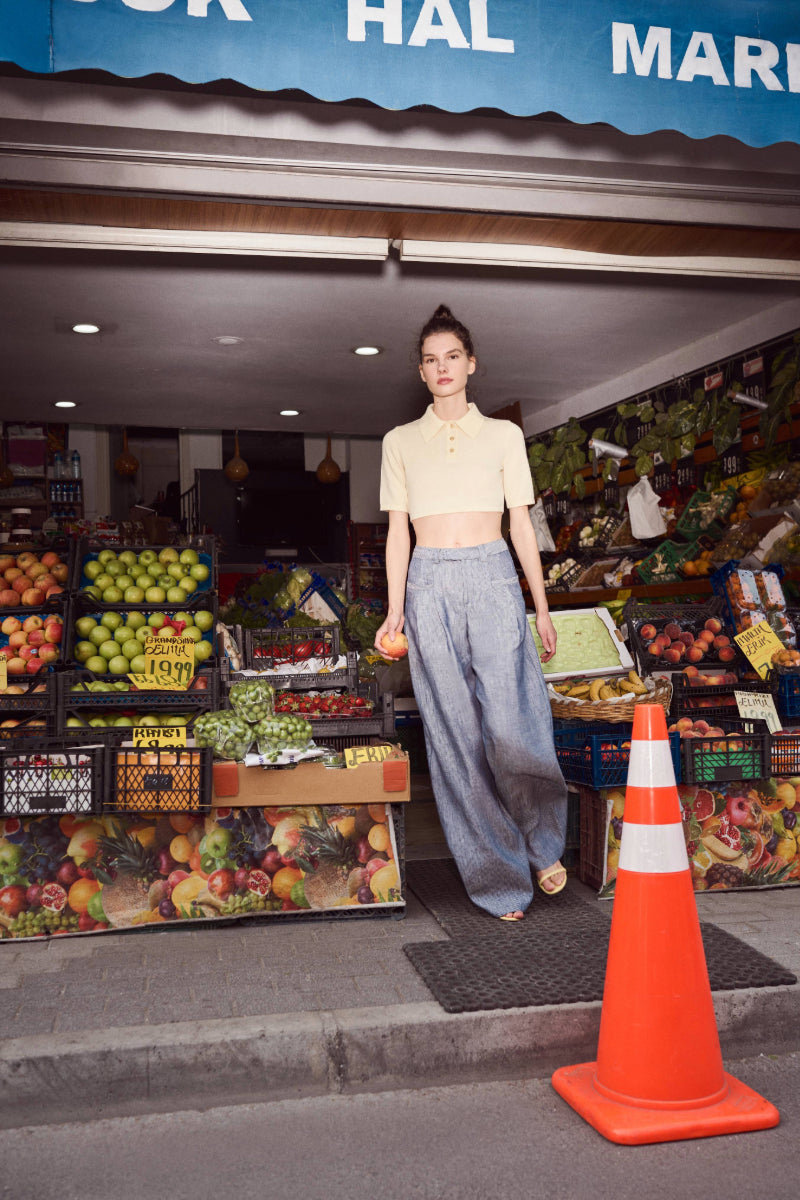 CANDICE NAVY LINEN-BLEND STRIPED PANTS - CULT MIA