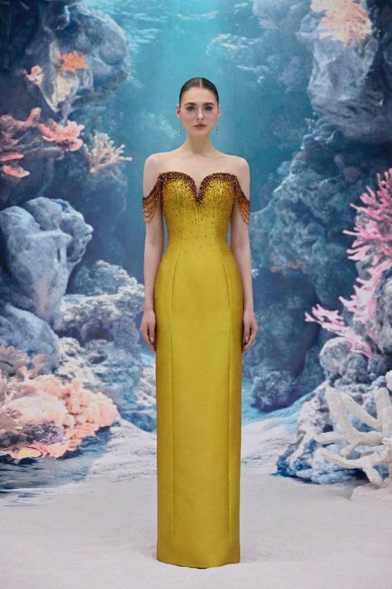 Yellow Celeste Royal Taffeta gown by 21Six featuring elegant fabric and a flowing silhouette.