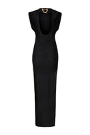 LEDIEL Mocca Largo black gown with flowing fabric and elegant design, displayed hanging against a neutral background.