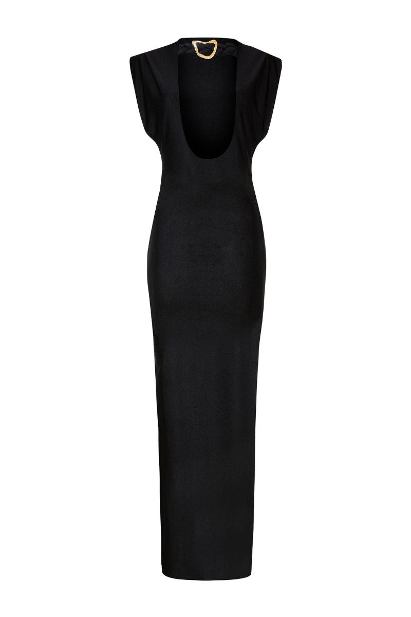 LEDIEL Mocca Largo black gown with flowing fabric and elegant design, displayed hanging against a neutral background.