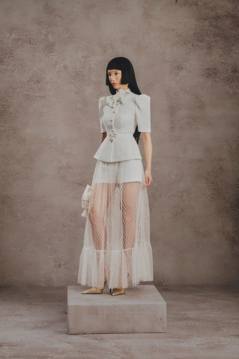 White Plan Ivory Romance Co-ords set featuring a stylish matching top and skirt, perfect for elegant casual wear.