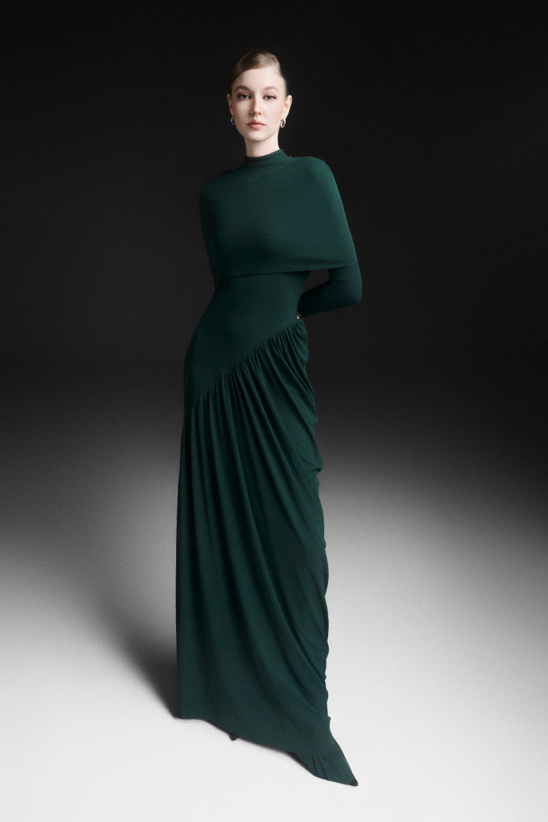 SERELLE RUCHED FLOOR LENGTH DRESS IN GREEN - CULT MIA