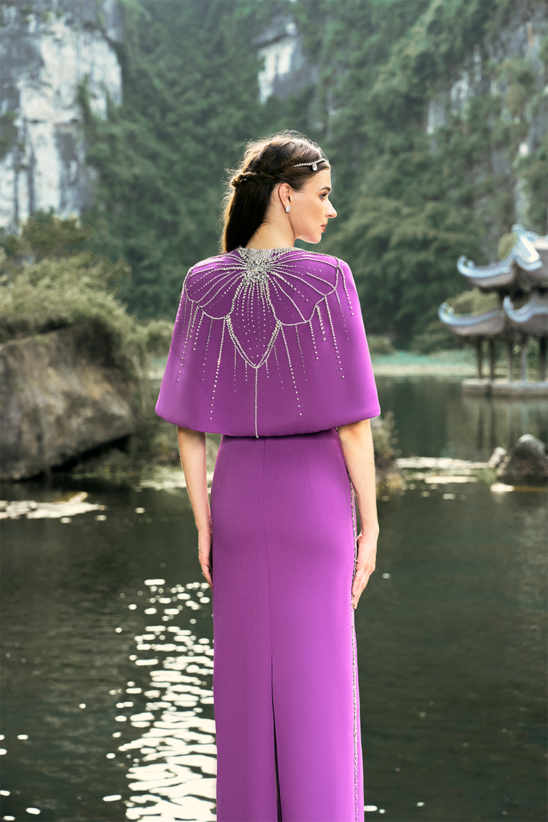PURPLE SIDES STONE EMBELLISHMENTS STRAIGHT GOWN - CULT MIA