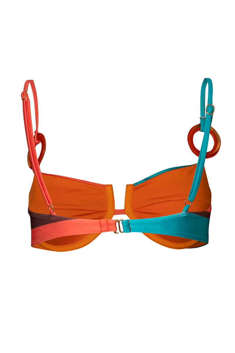 Baobab ROA bikini top in Funky Aperol with vibrant orange and pink patterns, perfect for summer swimwear.