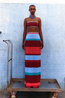 Baobab Mambo Maxi Dress in Funky Aperol fabric, flowing maxi dress with vibrant pattern and stylish design.