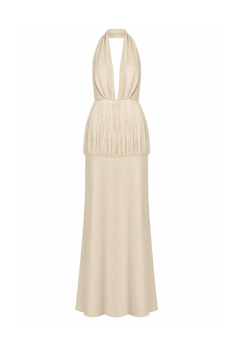 Baobab Paloma maxi dress in mascarpone color, flowing fabric, and elegant design, perfect for summer or special occasions.