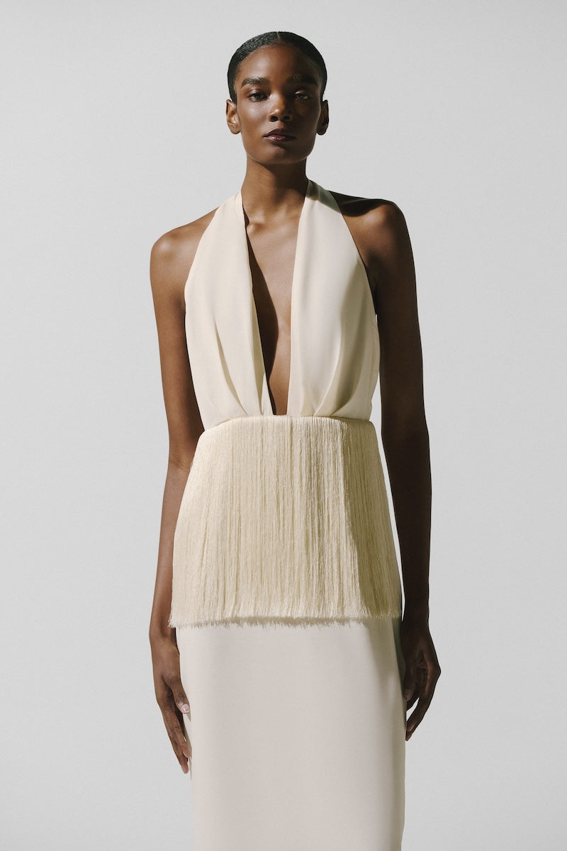 Baobab Paloma maxi dress in a soft mascarpone color, flowing fabric and elegant design, perfect for summer or special occasions.