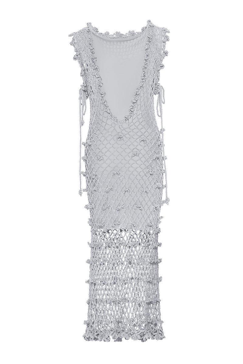 SOFIA SILVER HANDMADE CROCHET MIDI DRESS - CULT MIA