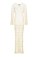 Yellow handmade crochet maxi dress by Andreeva featuring a butter-yellow vanilla color and elegant, flowing design.