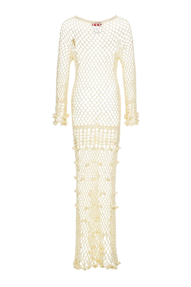 Yellow handmade crochet maxi dress by Andreeva featuring a butter-yellow vanilla color and elegant, flowing design.