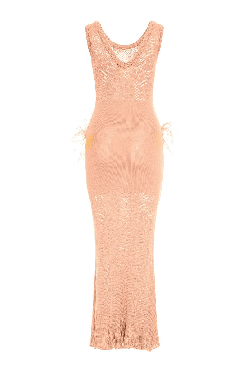 VANILLA PEACH KNIT DRESS WITH FEATHERS - CULT MIA