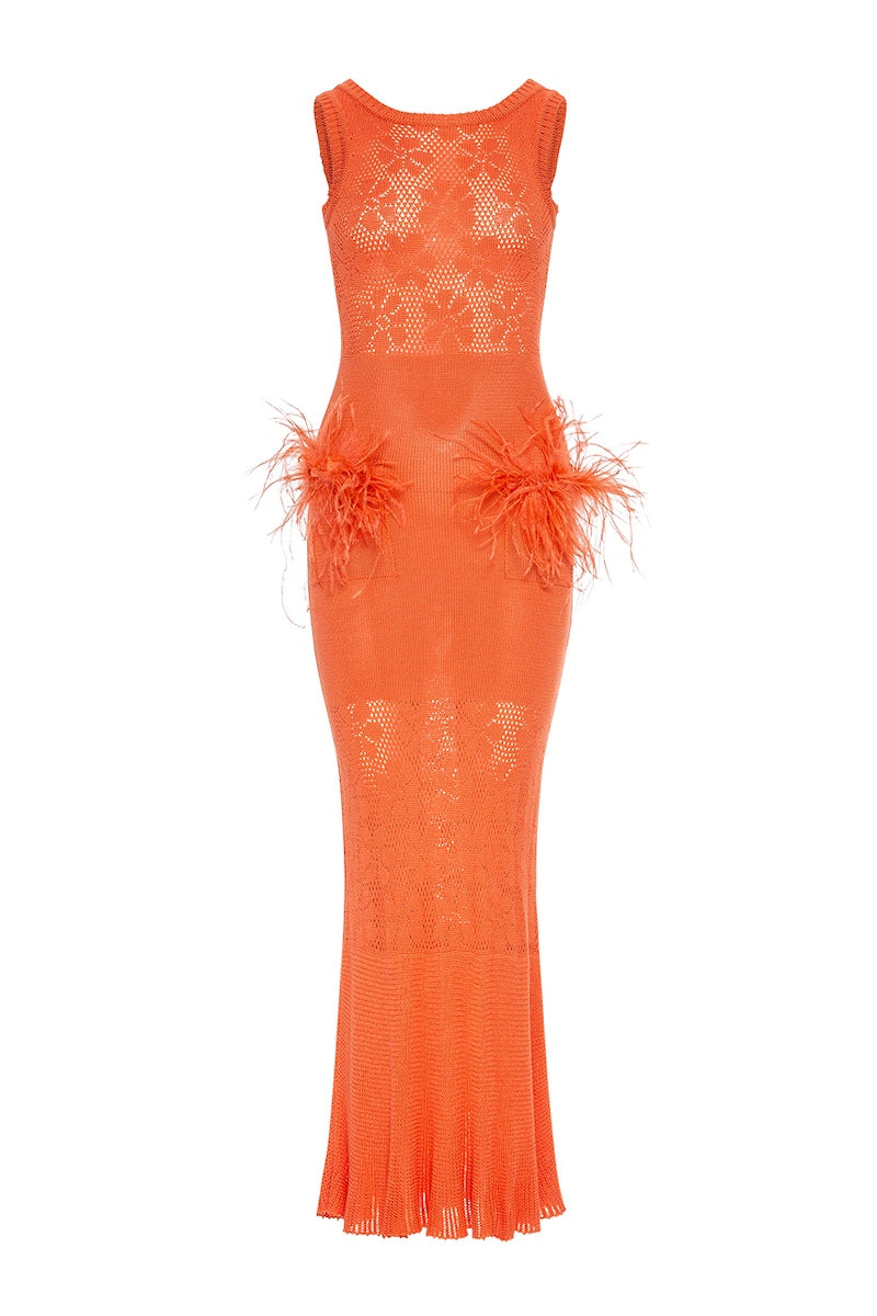 VANILLA CORAL KNIT DRESS WITH FEATHERS - CULT MIA