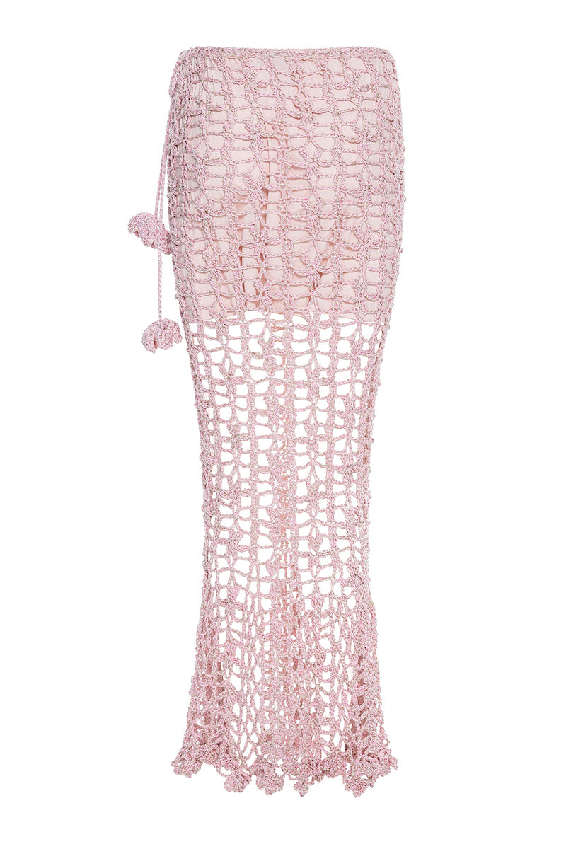 Pink Vanilla handmade knit midi skirt by Andreeva, featuring a soft, textured fabric and a stylish, flowy design.
