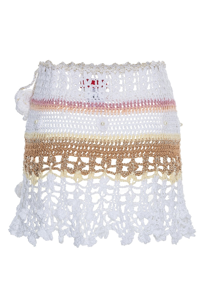Multicolor handmade crochet mini skirt by Andreeva featuring vanilla tones and intricate stitch details.