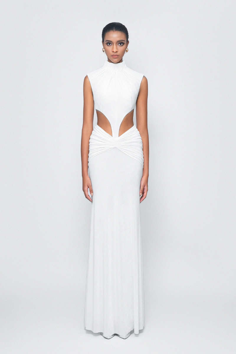 TONYY sculpture set in white co-ords featuring a modern, abstract design with smooth fabric and stylish fit.