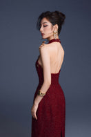 Keira Tong wine red checkered cut-out maxi dress with stylish design and flattering fit, perfect for fashionable occasions.