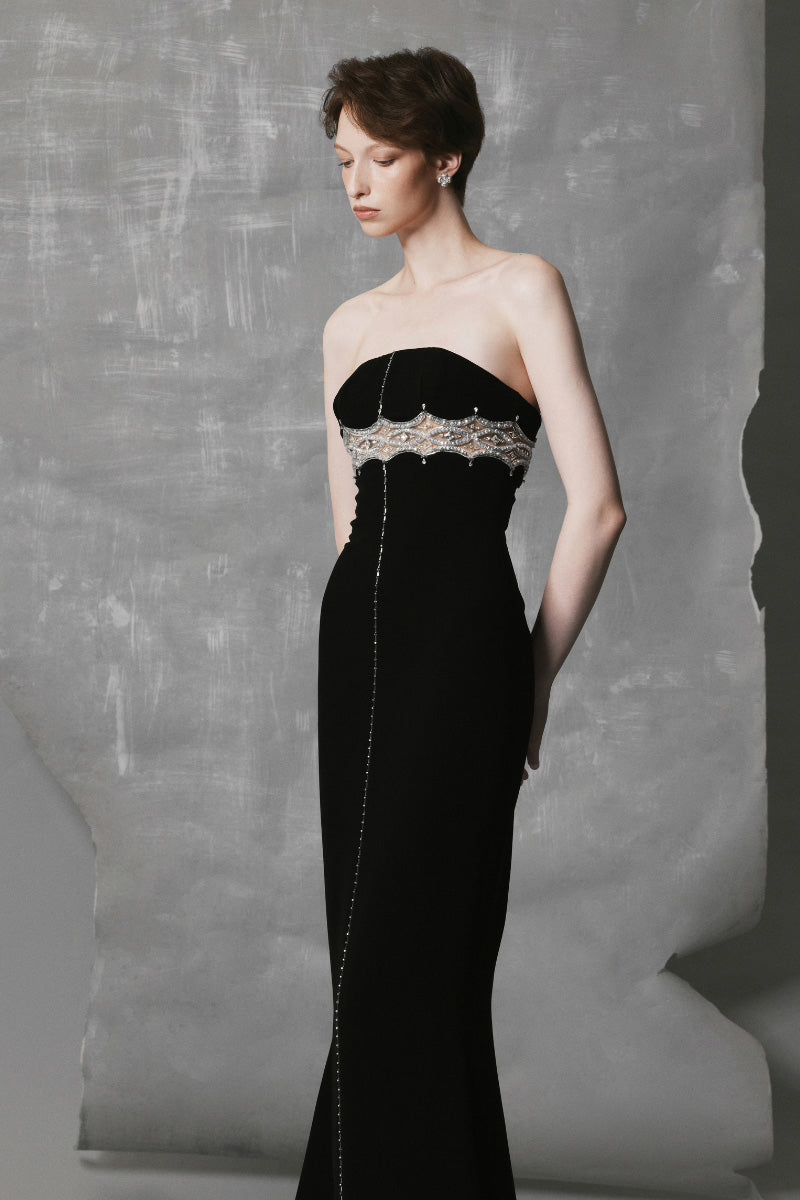 BLACK STRAIGHT LONG DRESS WITH INTRICATE BEADS | CULT MIA