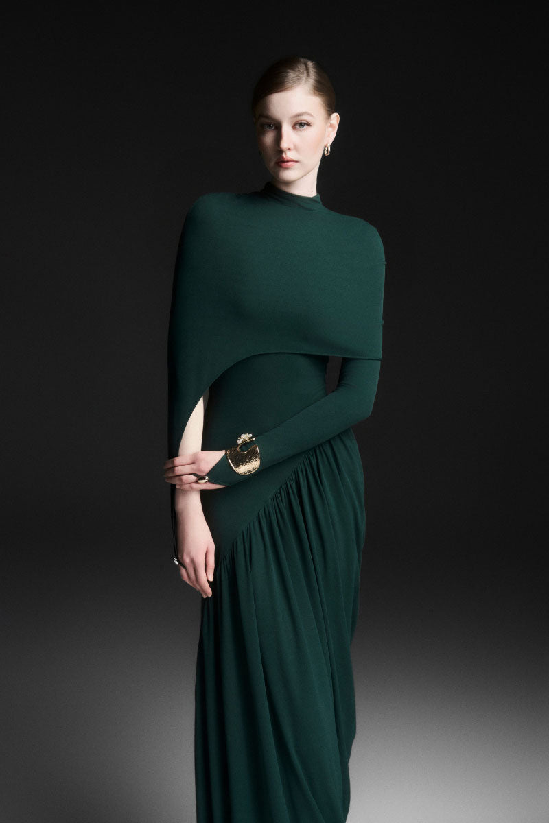 SERELLE RUCHED FLOOR LENGTH DRESS IN GREEN - CULT MIA