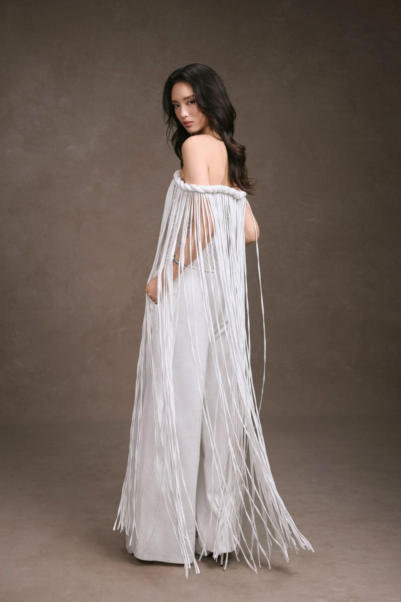 KEIRA TONG fringe lace corset top, stylish women’s fashion top with intricate lace details and fringe embellishments.