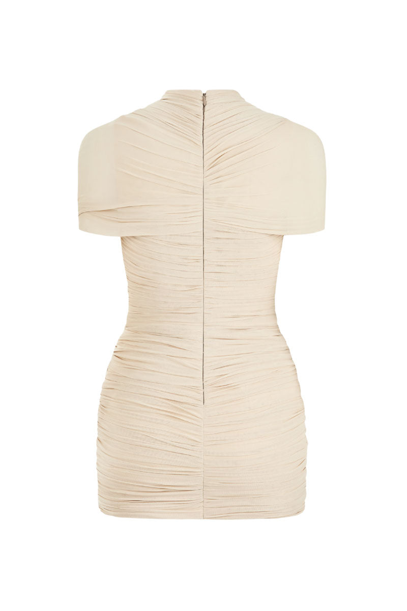 CEM draped cutout mini dress in black, featuring a stylish design with cutout details and a fitted silhouette.