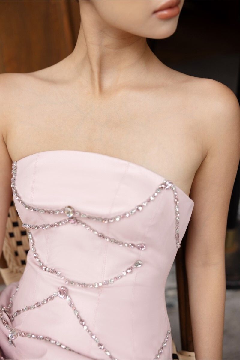 HELGA PINK LEATHER CRYSTAL MINI DRESS - CULT MIA