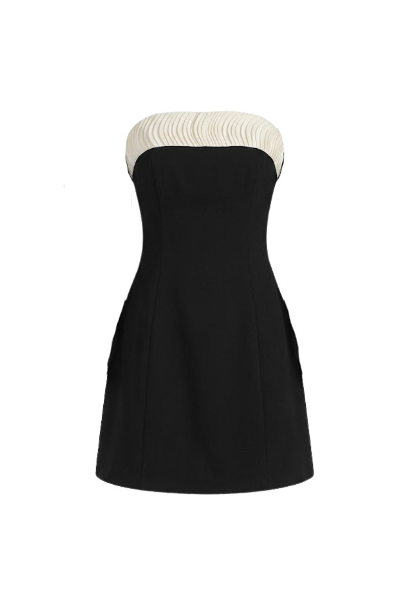 Black Monochrome Muse dress by Margée Atelier, shown as a stylish mini dress with a fitted silhouette and elegant design.