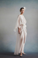 White Plan Aurelia draped maxi dress with flowing fabric and elegant design, perfect for stylish summer wear.