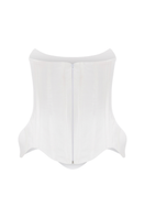 White strapless S-bend corset top by Sudi Etuz, featuring structured design and smooth fabric, tailored for a stylish fit.