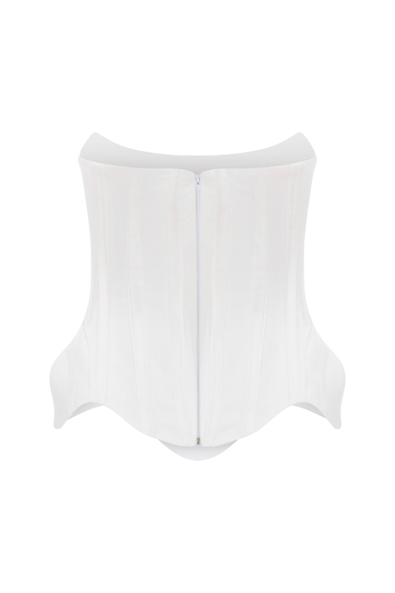 White strapless S-bend corset top by Sudi Etuz, featuring structured design and smooth fabric, tailored for a stylish fit.