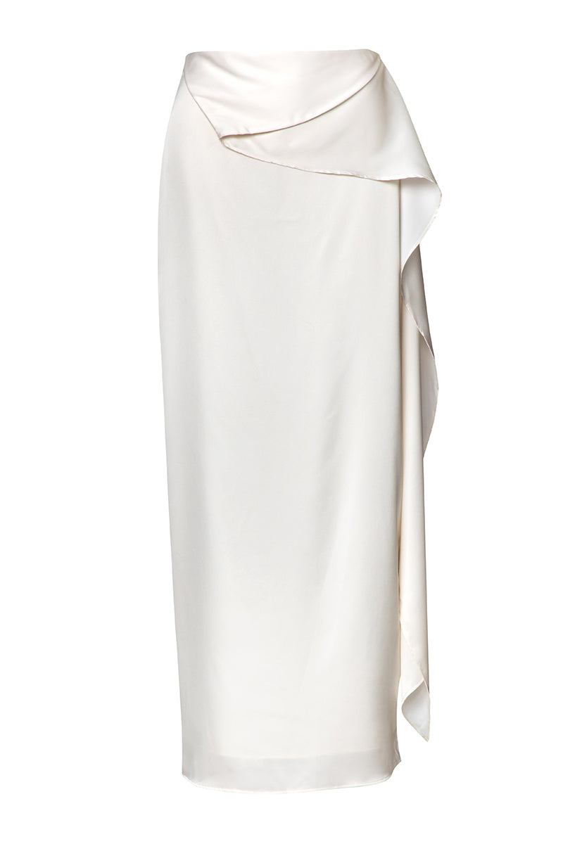 Baobab Lorena Maxi Skirt in Mascarpone color, flowing fabric and elegant design, displayed on a hanger.