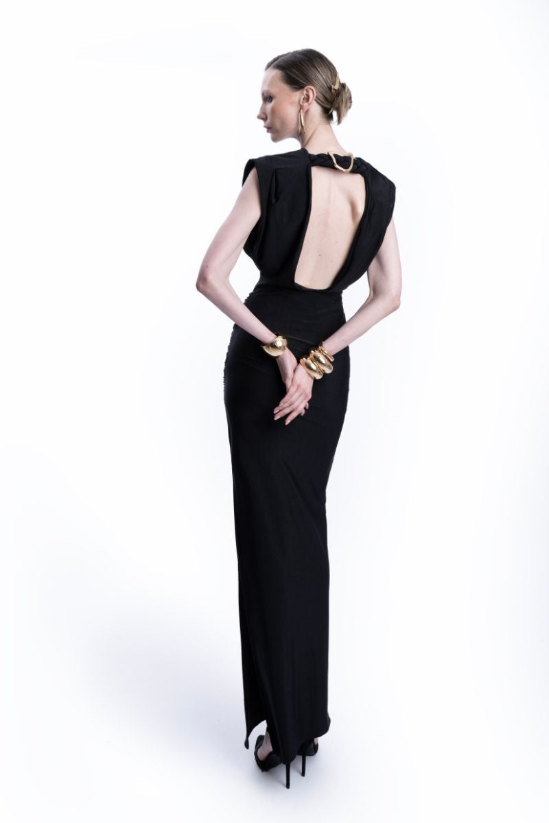 Black MOCCA LARGO gown by LEDIEL, featuring elegant flowy fabric and a sophisticated design perfect for formal occasions.
