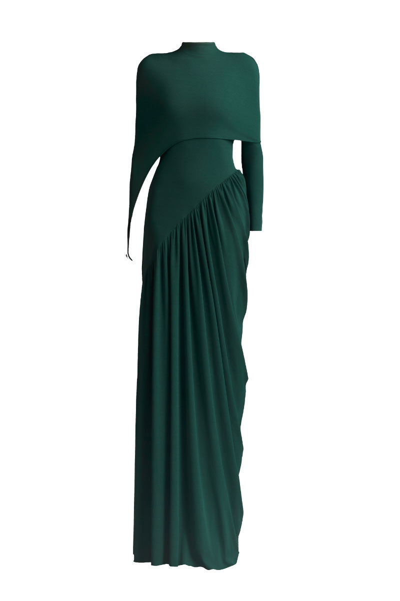 Maison Des Copains green ruched floor-length maxi dress with elegant design and flowing fabric.