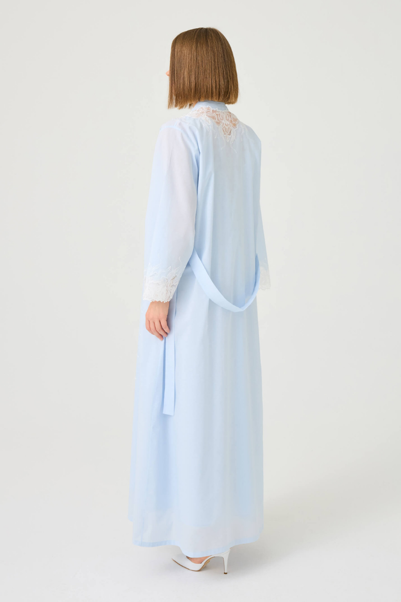 Bocan Couture Liliane long cotton voile robe with off-white lace detailing and delicate flowing fabric.