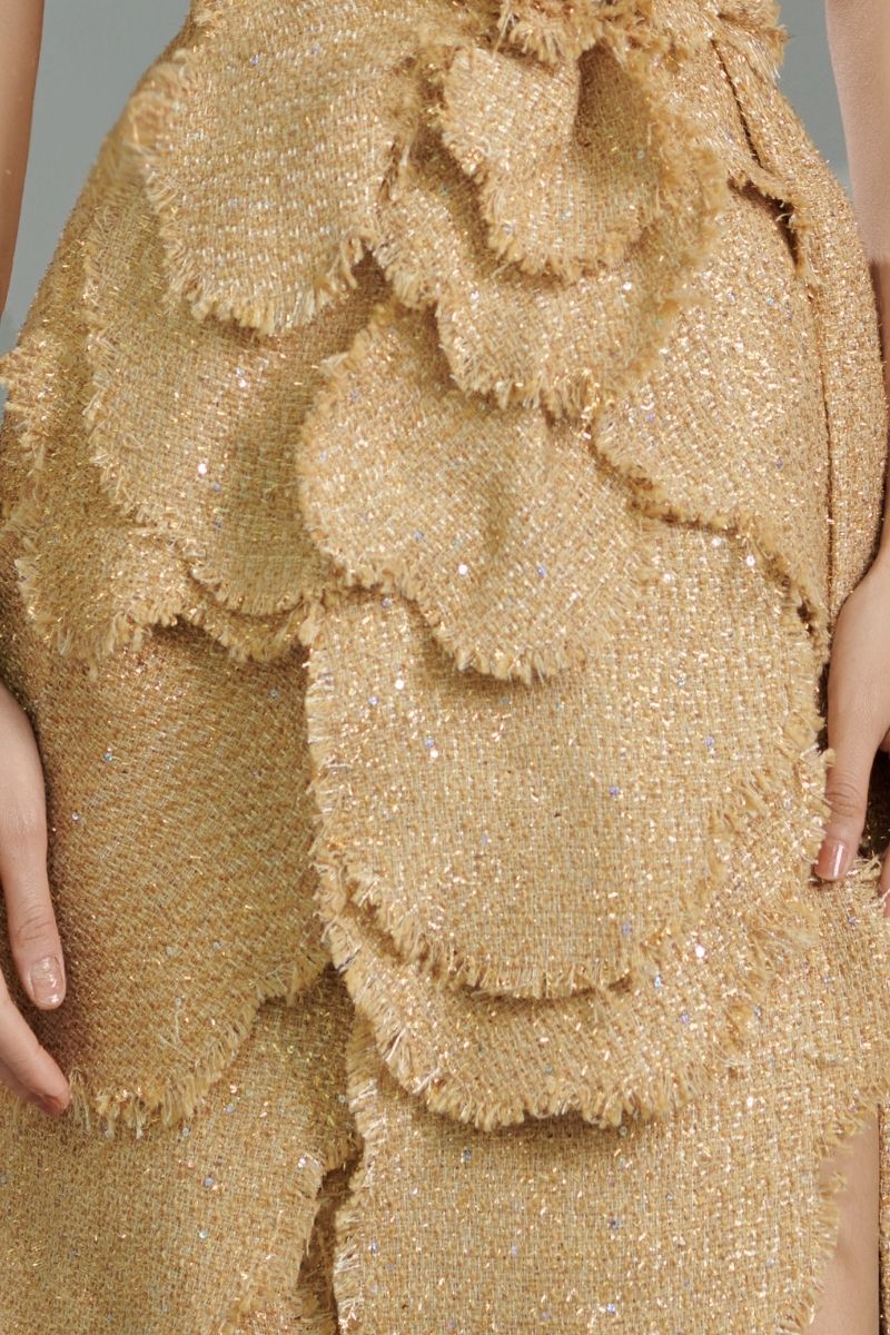 OFF-SHOULDER TWEED PETAL MAXI DRESS IN BEIGE - CULT MIA