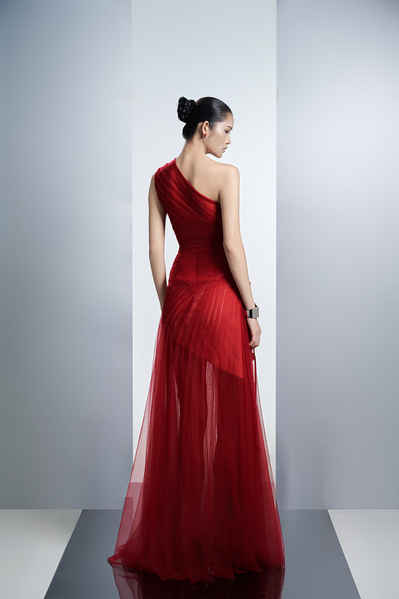 ONE-SHOULDER MESH MAXI DRESS WITH FLORAL IN RED - CULT MIA