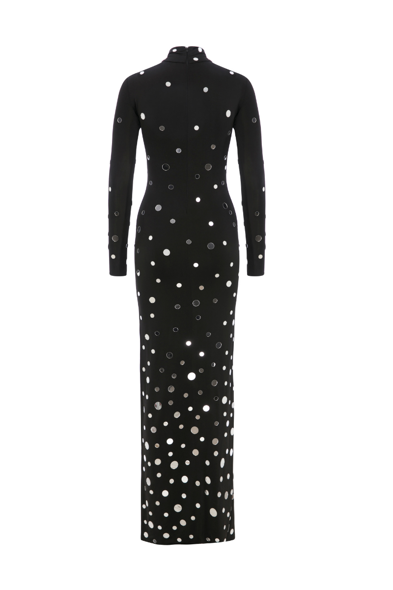 Sudi Etuz mirror-covered maxi dress featuring a flowing silhouette and reflective mirror embellishments, perfect for elegant occasions.