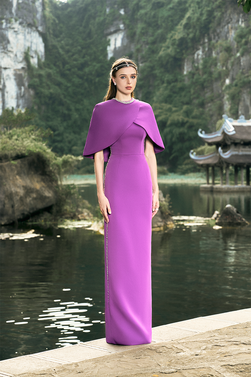 PURPLE SIDES STONE EMBELLISHMENTS STRAIGHT GOWN - CULT MIA
