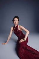 Keira Tong wine red checkered cut-out maxi dress with a stylish design and bold pattern, perfect for casual or semi-formal occasions.