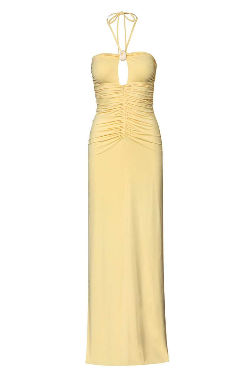 Baobab Romina maxi dress in light yellow with flowing fabric, sleeveless design, and elegant silhouette.