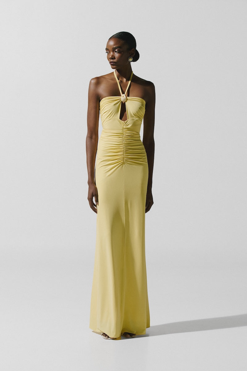 Baobab Romina Maxi Dress in light yellow, flowing design with sleeveless style and elegant fabric, perfect for summer wear.