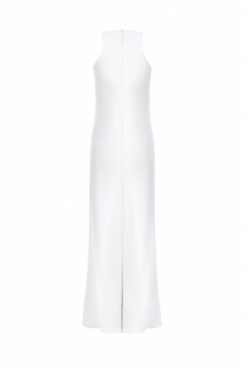 Off-white BREMEN midi dress by LEKIEU, featuring a flowing fabric and stylish design, displayed on a hanger.